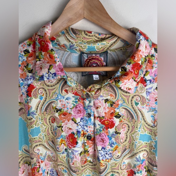 JOHNNY WAS Rivoray Floral Short Sleeve Polo Tee Women's Size Large BOHO - Picture 5 of 12